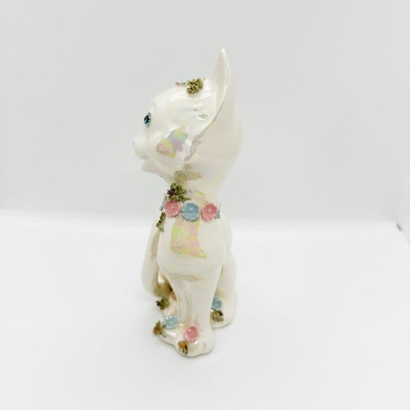 Vintage Lefton Luster Iridescent Cat Floral Flower Crown Pastel Rhinestone *FLAW - Picture 3 of 8